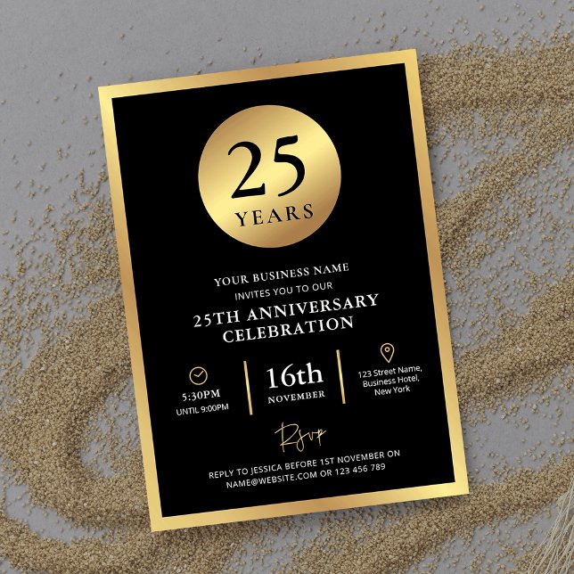 Convite Elegante de Aniversário de Negócios Dourado e Pret (Elegant black and gold Business Birthday Invitation with fully editable text, perfect for your party)
