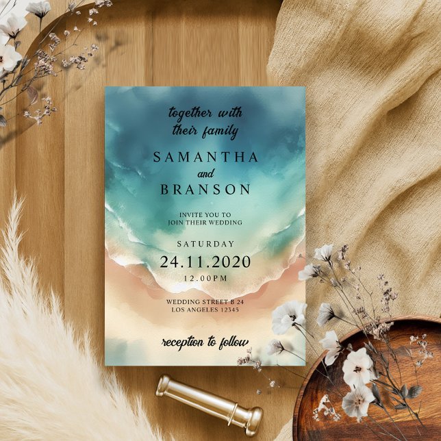 Convite Elegante de Aquarela Azul de Praia do Oceano Moder (Criador carregado)