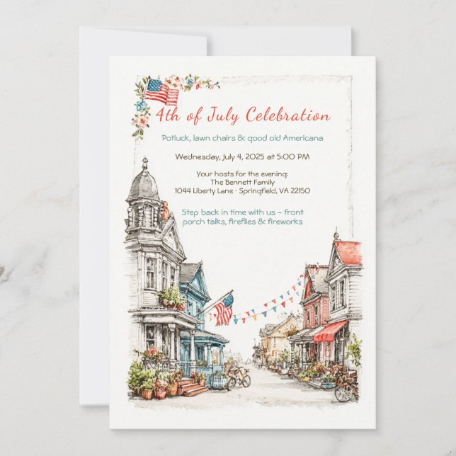 Convite Elegante de Aquarela para 4 de Julho Vinta (Frente)