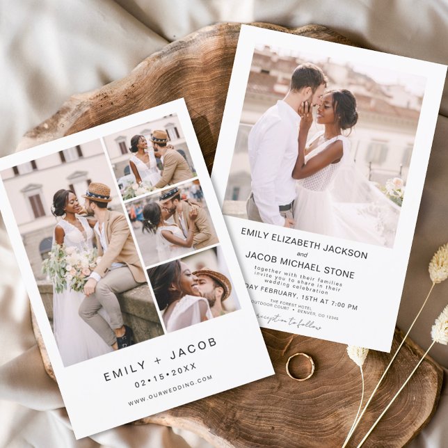 Convite Elegante de Casamento Branco de Cinco Fotos Minima (Criador carregado)