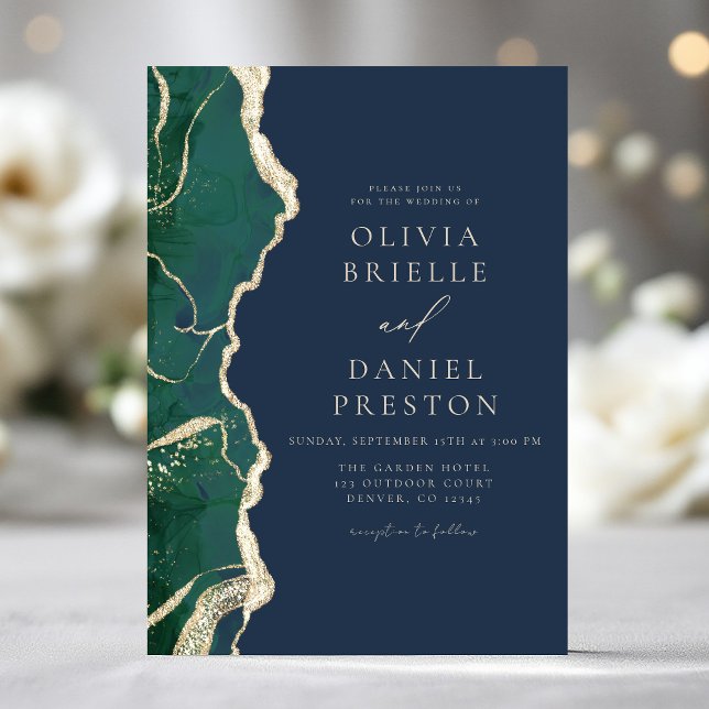 Convite Elegante de Casamento de Agata Azul do Marinho Ver (Criador carregado)