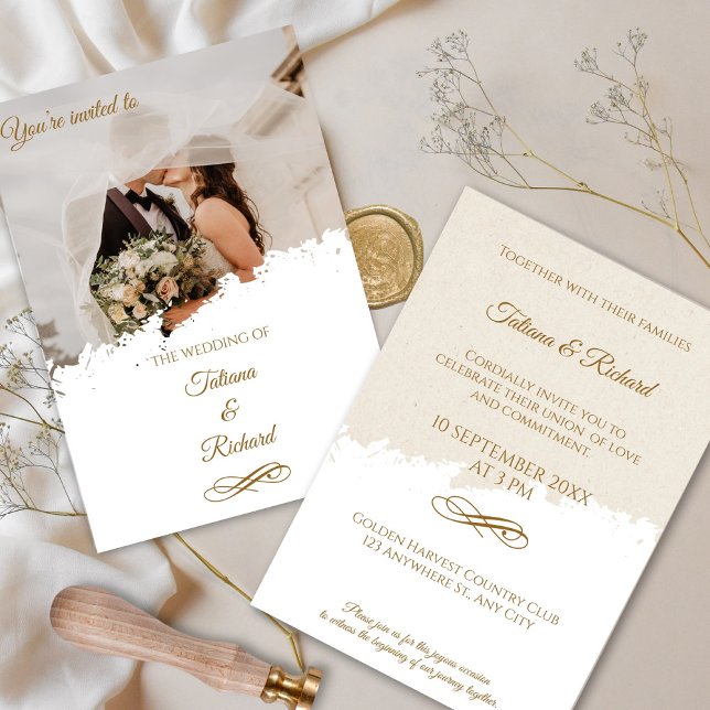 Convite Elegante De Casamento De Fotos E Script Do (Elegant Photo and Gold Script Wedding Invitation)