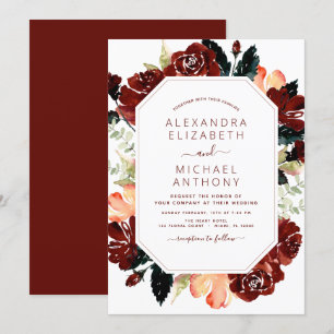 Convite Elegante de Casamento Floral Azul Marinho Burgundy