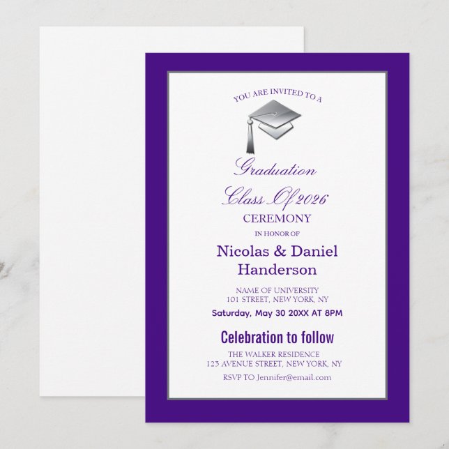 Convite elegante de cerimônia de formatura roxo (Frente/Verso)