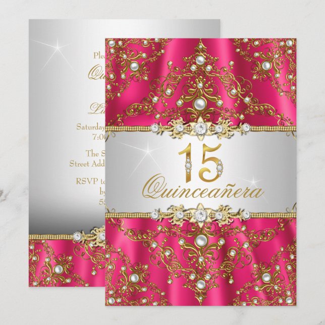 Convite Elegante de Damasco Pérola Dourada para Qu (Frente/Verso)