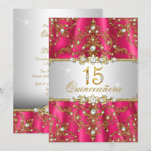 Convite Elegante de Damasco Pérola Dourada para Qu