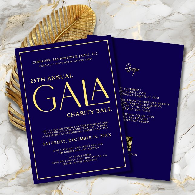 Convite Elegante de evento Gala Caridade de Fundraiser Azu (Elegant Gala Event Charity Fundraiser Blue and Gold Invitation with QR Code, RSVP on Back.
)