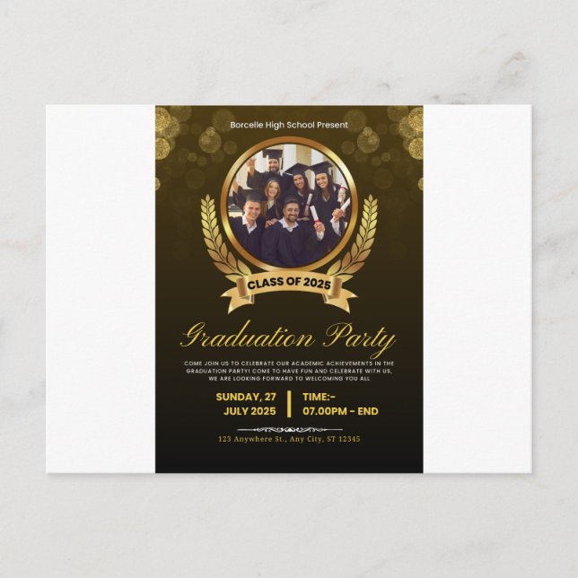 Convite Elegante de Formatura em Preto e Dourado. (Frente)