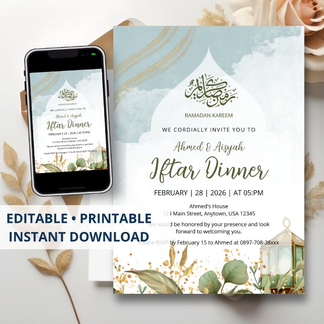 Convite Elegante de Iftar com Aquarela e Folhas de (Criador carregado)
