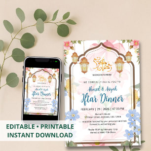 Convite Elegante de Iftar Floral em Aquarela para