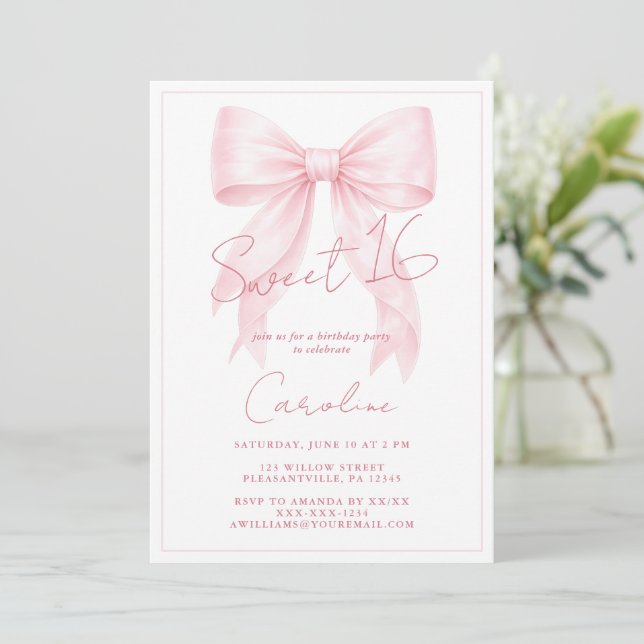 Convite Elegante de Laço Rosa para Sweet 16 (Em pé/Frente)