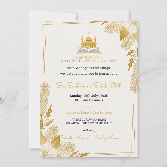 Convite Elegante de Ouro para o Caminho de Sukhman (Frente)