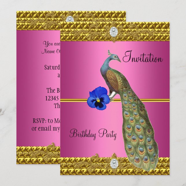 Convite Elegante de Pavão em Dourado (Frente/Verso)