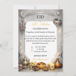 Convite Elegante de Prata para Celebração do Eid A