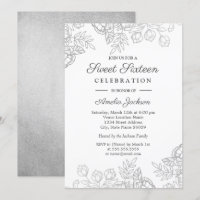 Convite Elegante de Prata Vintage Floral Sweet Six