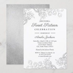 Convite Elegante de Prata Vintage Floral Sweet Six