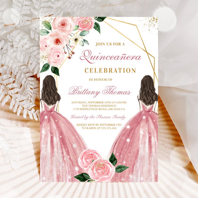 Convite Elegante de Quinceañera com Flores (Criador carregado)