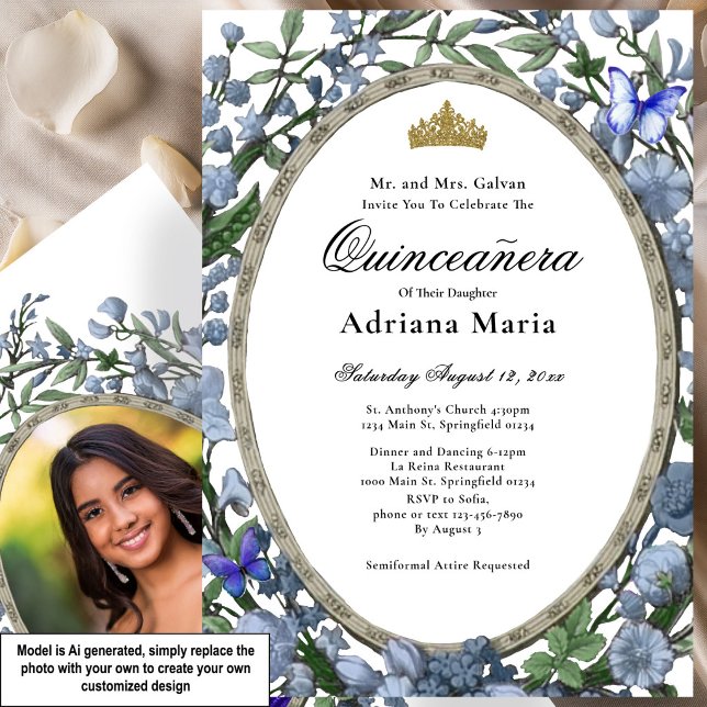 Convite Elegante de Quinceanera com Flores Azuis (Criador carregado)