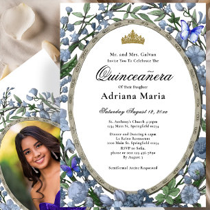 Convite Elegante de Quinceanera com Flores Azuis