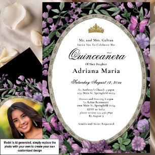 Convite Elegante de Quinceanera com Flores Rosa