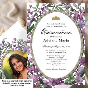 Convite Elegante de Quinceanera com Flores Rosa