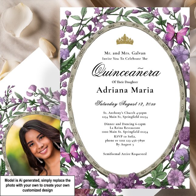 Convite Elegante de Quinceanera com Flores Rosa (Criador carregado)