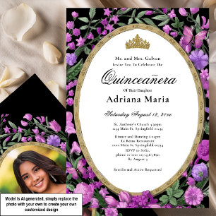 Convite Elegante de Quinceanera com Flores Rosa