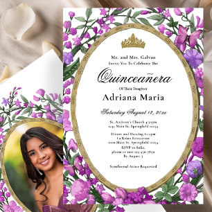 Convite Elegante de Quinceanera com Flores Rosa