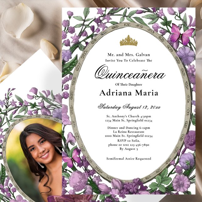 Convite Elegante de Quinceanera com Flores Rosa (Criador carregado)