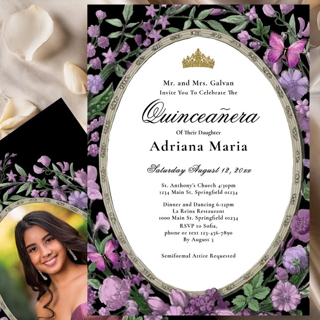 Convite Elegante de Quinceanera com Flores Rosa (Criador carregado)