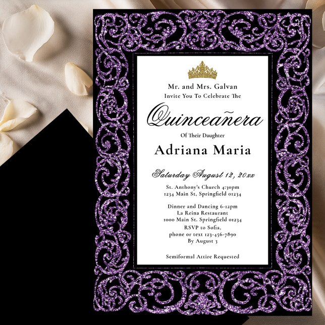 Convite Elegante de Quinceanera com Florões Roxos (Criador carregado)