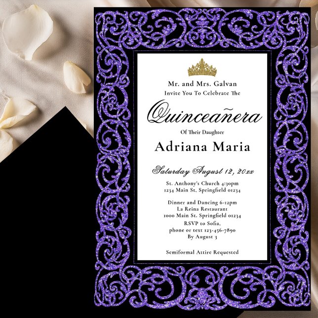 Convite Elegante de Quinceanera com Florões Roxos (Criador carregado)