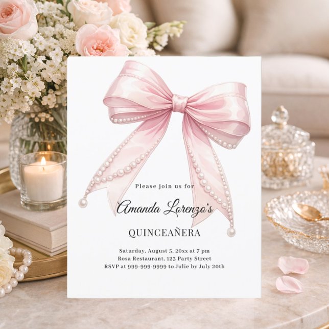 Convite elegante de Quinceanera com pérolas e laço (Criador carregado)