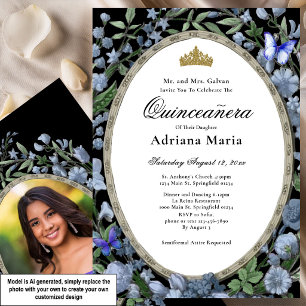 Convite Elegante de Quinceanera Floral Flores Azui