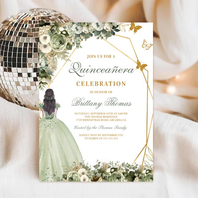 Convite Elegante de Quinceañera Verde (Criador carregado)