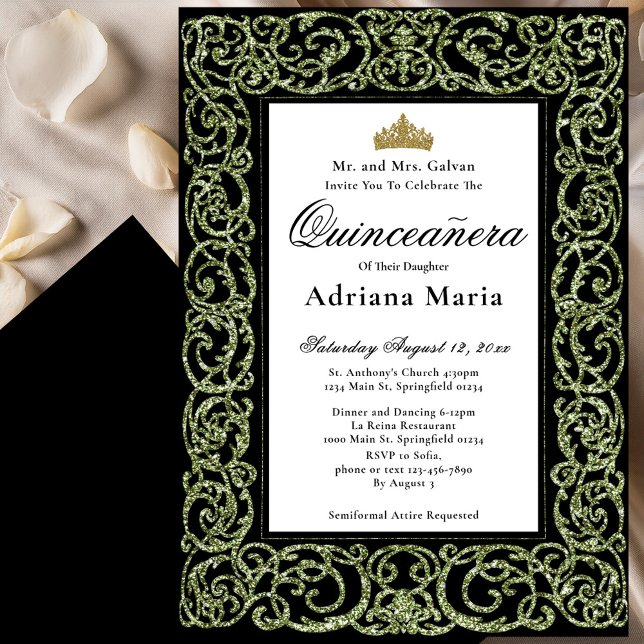 Convite Elegante de Quinceanera Verde Sage  (Criador carregado)