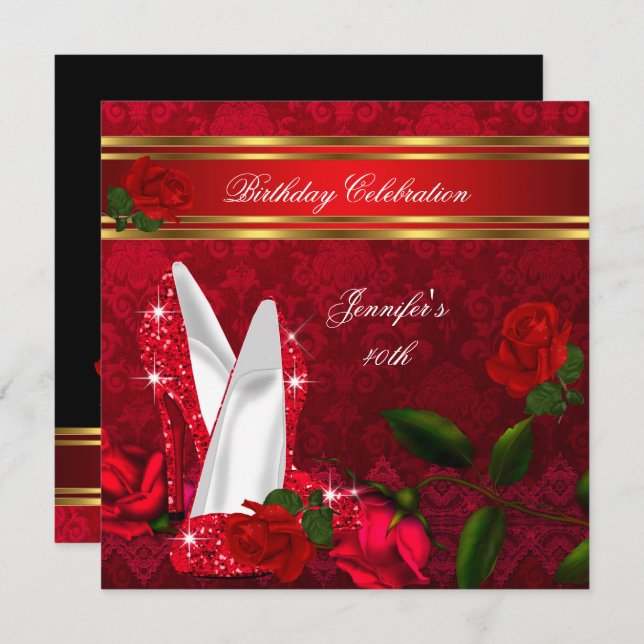 Convite Elegante de salto alto Rosa vermelha preto Dourado (Frente/Verso)