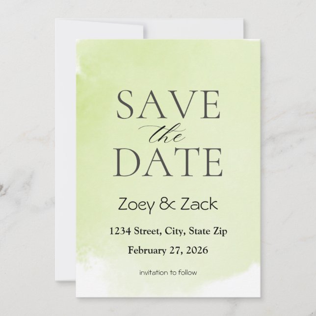 Convite Elegante de Save the Date em Aquarela Verd (Frente)