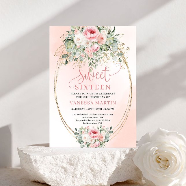 Convite Elegante de Sweet Sixteen com Flores Rosa  (Elegant Blush and Gold Floral Sweet Sixteen Invite)