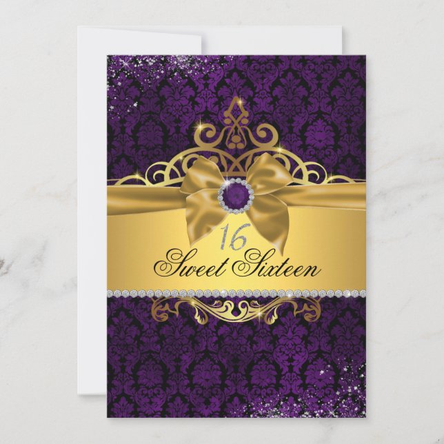 Convite Elegante de Sweet Sixteen em Damasco Roxo  (Frente)