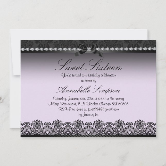 Convite Elegante de Sweet Sixteen em Renda Roxa e  (Frente)