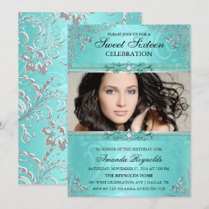 Convite Elegante de Sweet Sixteen em Verde Água e 
