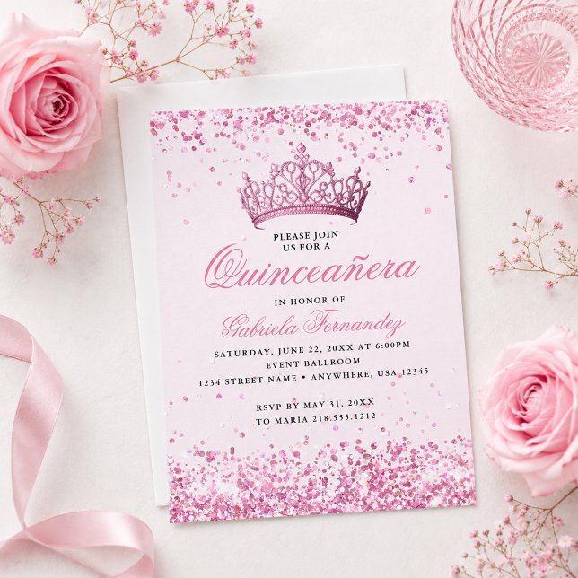 Convite Elegante de Tiara Rosa para Quinceañera (Elegant Pink Tiara Quinceañera Invitation)