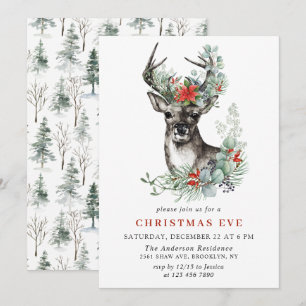 Convite Elegante Deer Poinsettia Holiday CHRISTMAS EVE