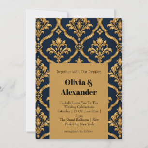 Convite Elegante Design de Motivo Vintage em Damasco Doura