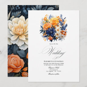 Convite Elegante Design Floral em Aquarela Azul-Marinho e 