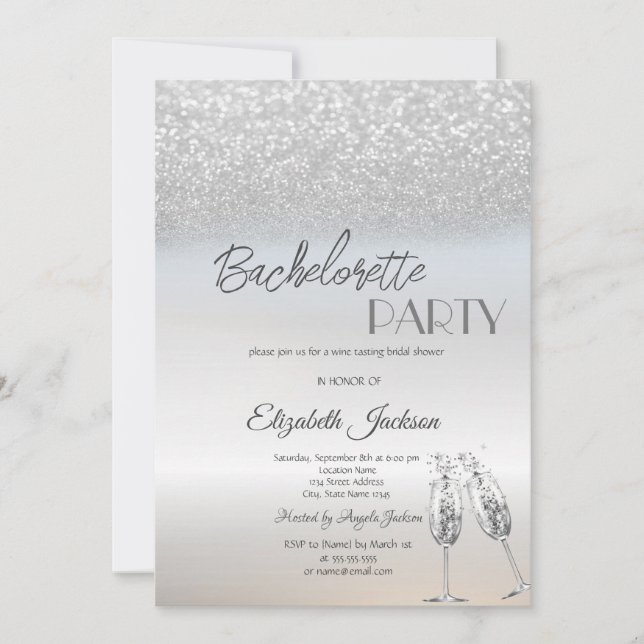 Convite Elegante Despedida de Solteira com Brilho Prateado (Frente)