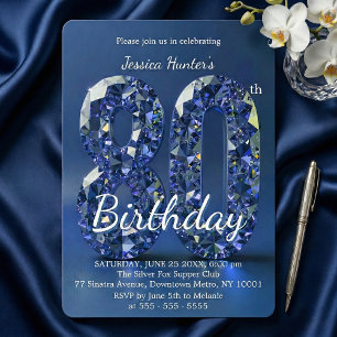 Convite Elegante Diamante Azul Jóia Glam 80º Aniversário