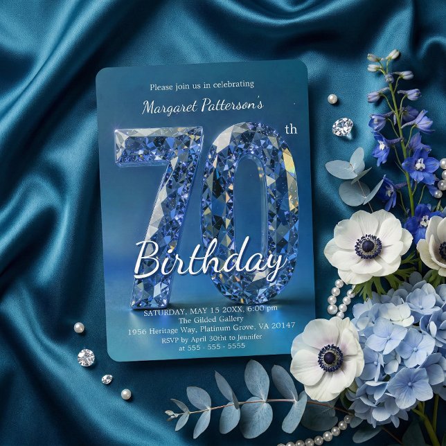 Convite Elegante Diamante Azul Safira para 70º Aniversário (Criador carregado)