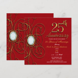 Convite Elegante Diamante Vermelho e Dourado 25º Aniversár